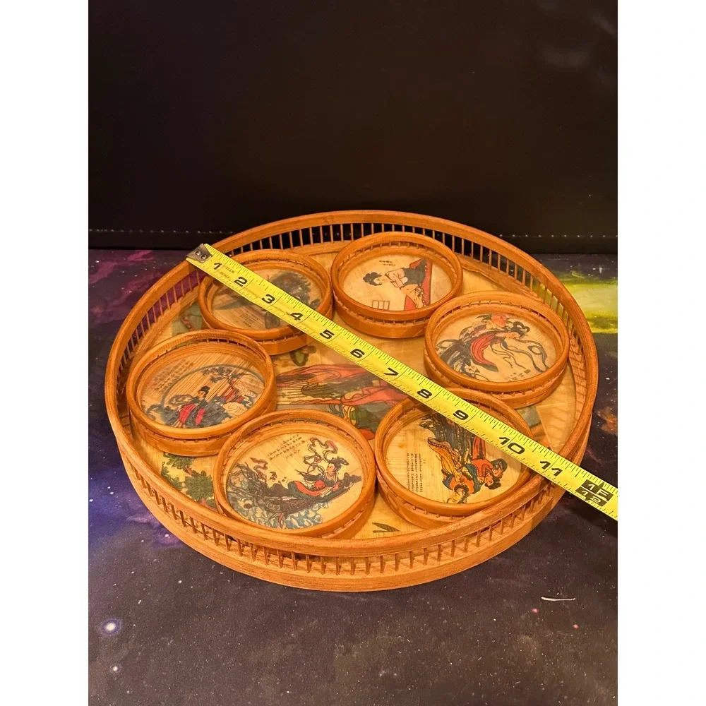 Vintage Bamboo Coaster Set with Tray Chinese Art Figures 7 Piece Set 11 Inch
